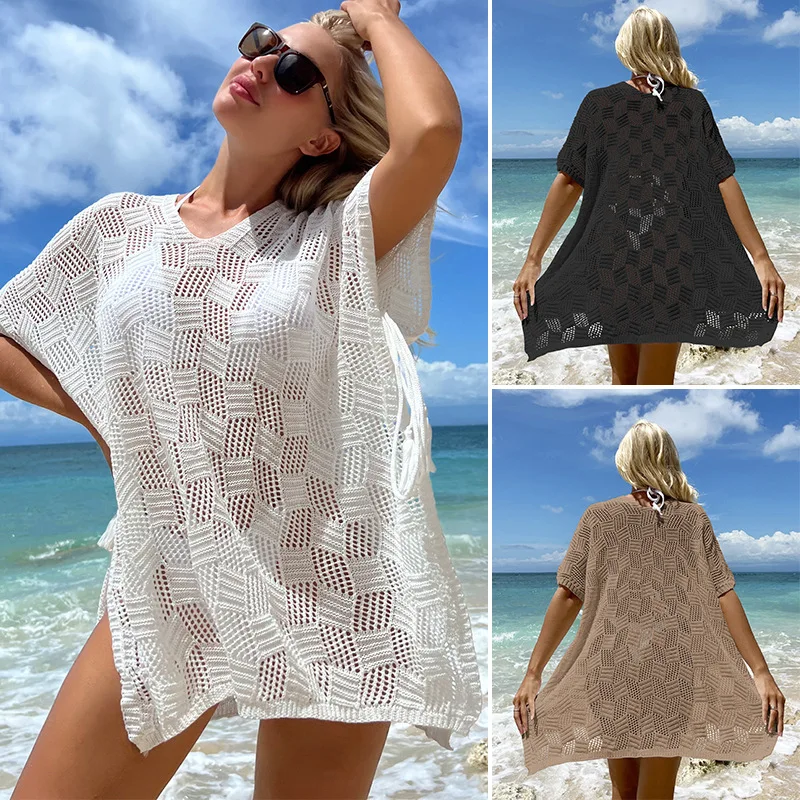 

Fashion Square Patchwork Womens Beach Cover Up White Split Transport Beachwear Kimono Bikini Coverup Women Black Summer Dress