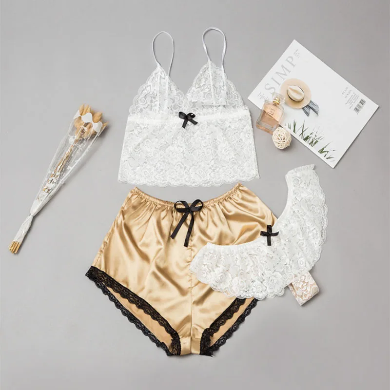 Women's Sleepwear 3 Pieces Satin Silk Sleepwear Lace Sling Top Shorts and Lingerie Pajamas Set