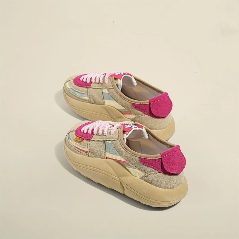 Pink Luxury Shoes for Women 2023 Spring New Thick-Soled Color-Block Casual Sports Shoes Lace-up Free Shipping