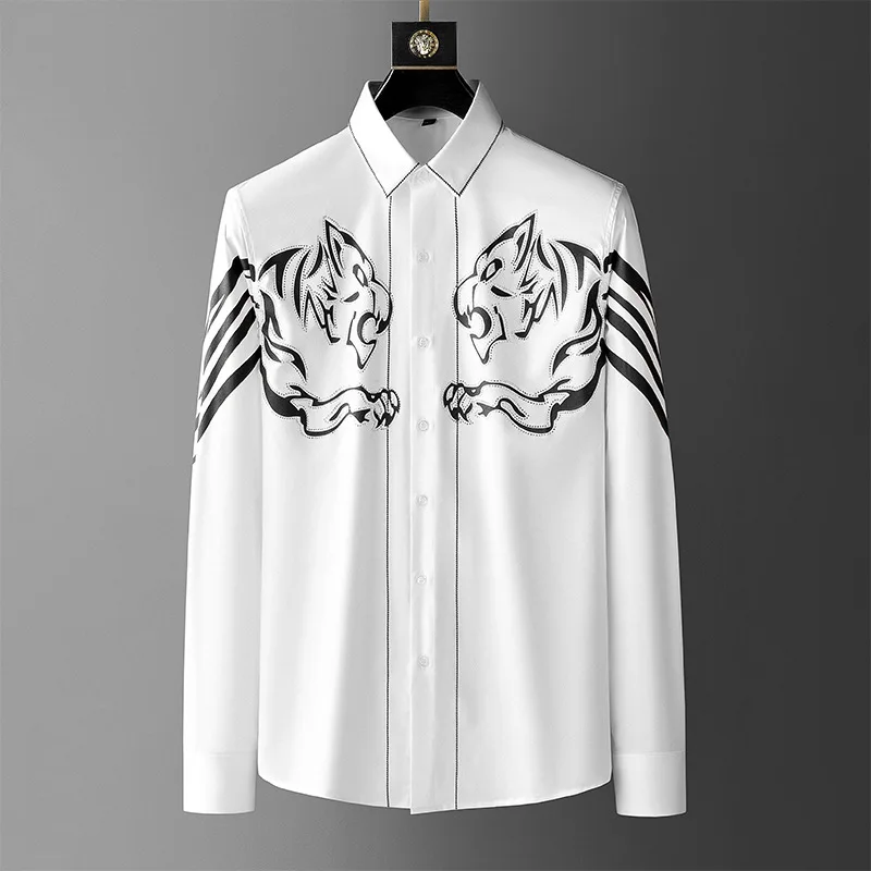 

Light luxury tide brand Tiger printing hot drill long sleeved shirt men's wear spring and autumn new leisure anti wrinkle shirt
