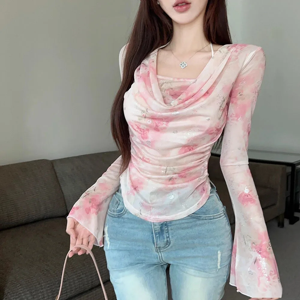 Женская милая Сетчатая футболка с принтом 2024 Привлекательная блузка для девушек