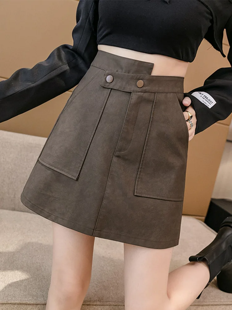 

Женские юбки из искусственной кожи FTLZZ, одноцветные юбки трапециевидной формы с высокой талией и карманами из искусственной кожи на осень и ...