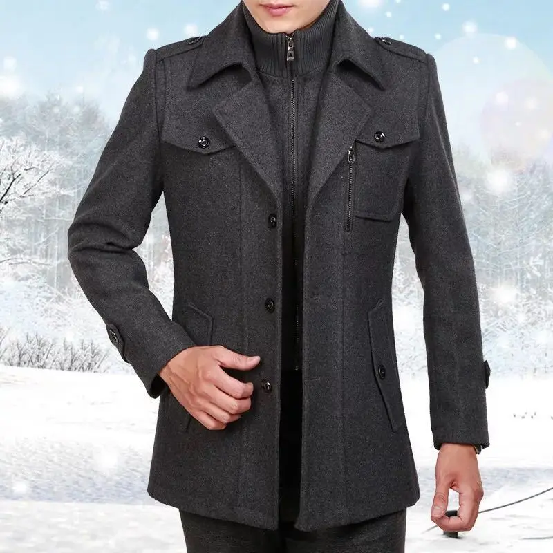 

Winter Coat Men Woolen Coat Male Long Wool Windbreaker Jacket Thick Thermal Trench Coat Men Long Sleeve Grey Overcoat Plus Size