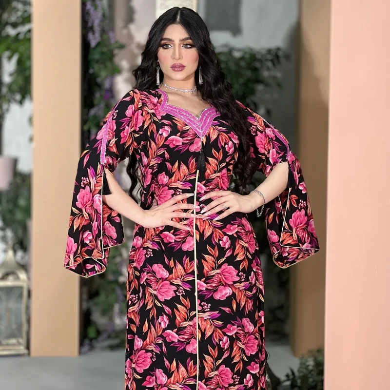 Autumn Dresses Women Muslim Abaya 2022 V-Neck Split Sleeve Print Rhinestone Beaded Morrocan Kaftan Party Dress Muslim Clothing