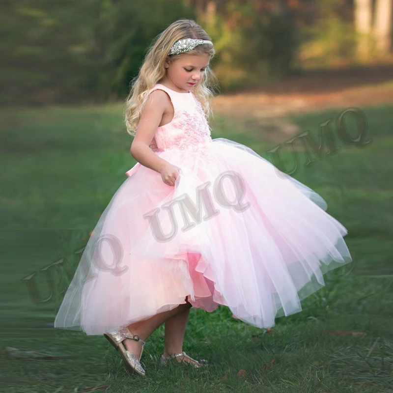 

Красивое Розовое платье для девочек на день рождения с цветочной аппликацией из жемчуга для свадебной вечеринки изготовленное на заказ модное платье для показа первого причастия