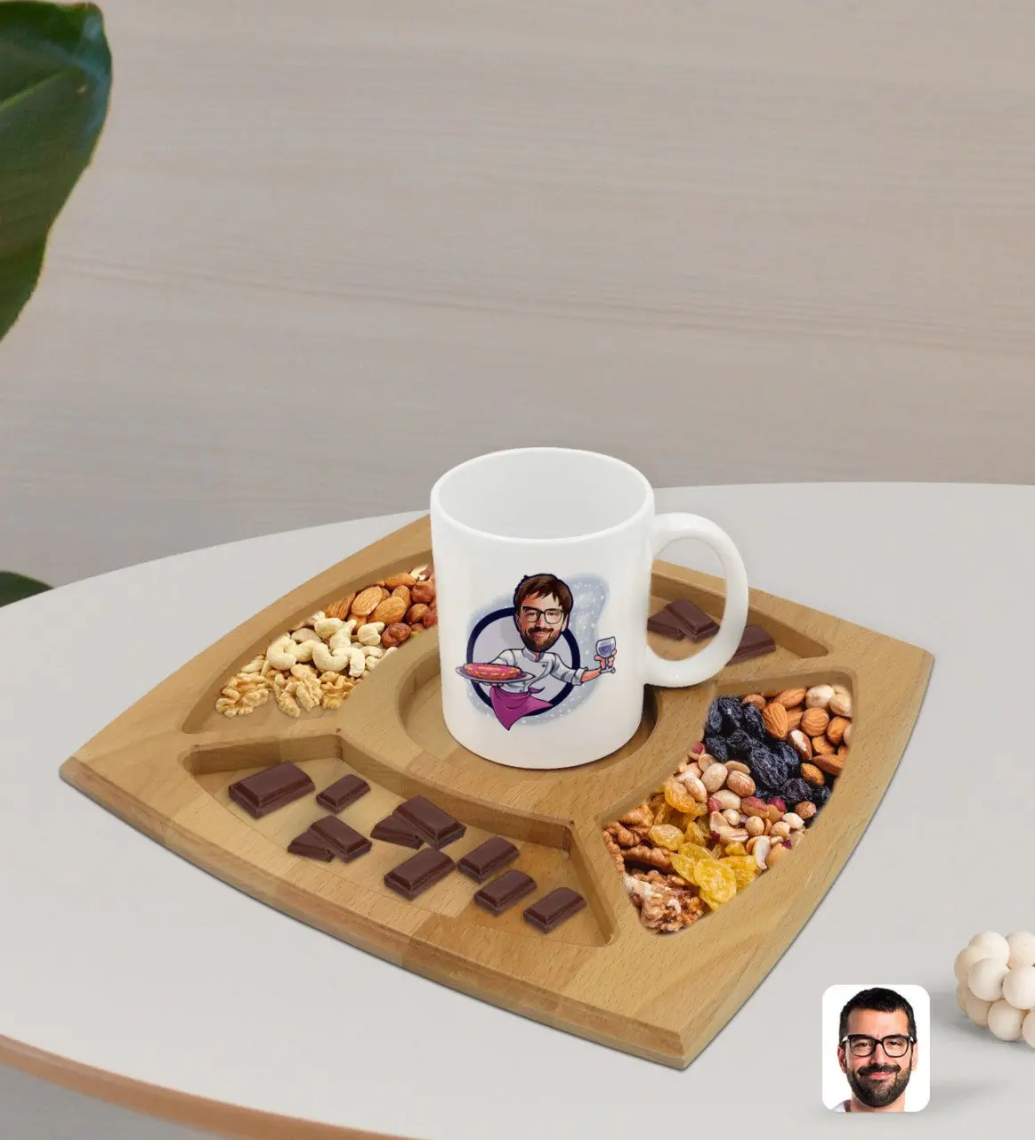 

Персонализированная белая кружка для официанта карикатюра и натуральная Массив дерева, 4 отделения