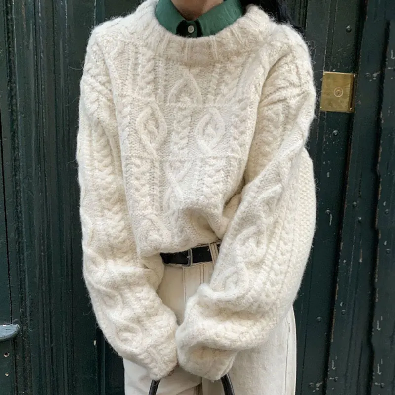 

Hikigawa шикарный модный женский осенний ленивый стиль с круглым вырезом вязаный Свободный Повседневный свитер с длинным рукавом однотонный п...