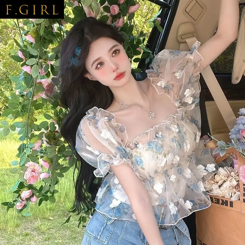 

F GIRLS Floral Slash Neck Blouses Women Sweet Lovely Summer Crop Tops Sexy for Ladies Aesthetic Vintage Princess All-match Desig