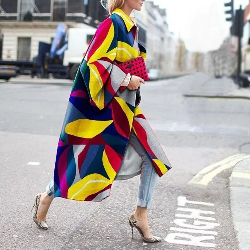 

Женское длинное пальто с карманами, винтажный кардиган составного кроя с цветными вставками, верхняя одежда с принтом, 2020