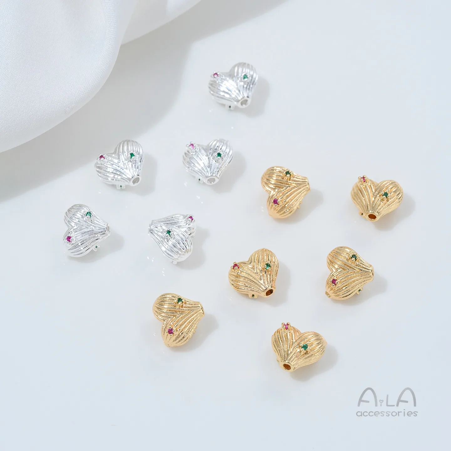 Фото Посеребренные бусины-сердечки с цирконами под золото 14K, разделители для бусин, полосатые, персикового цвета, для рукоделия, материалы для изготовления украшений №4
