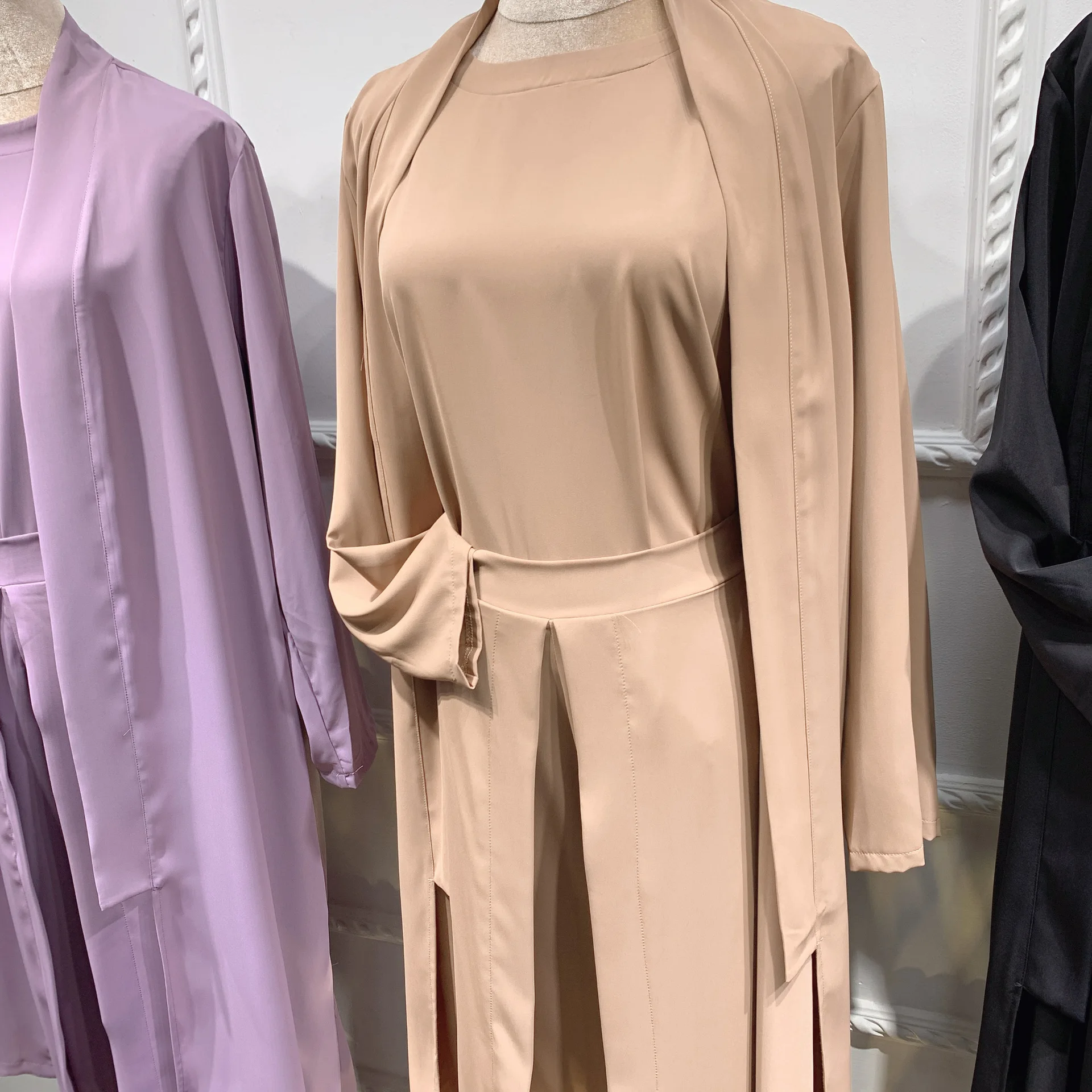 3 Piece Matching Set Women Tops and Pants Muslim Sets Dubai Abaya Kimono Arabic Modest Outfit Plain Open Abayas Islamic Clothing