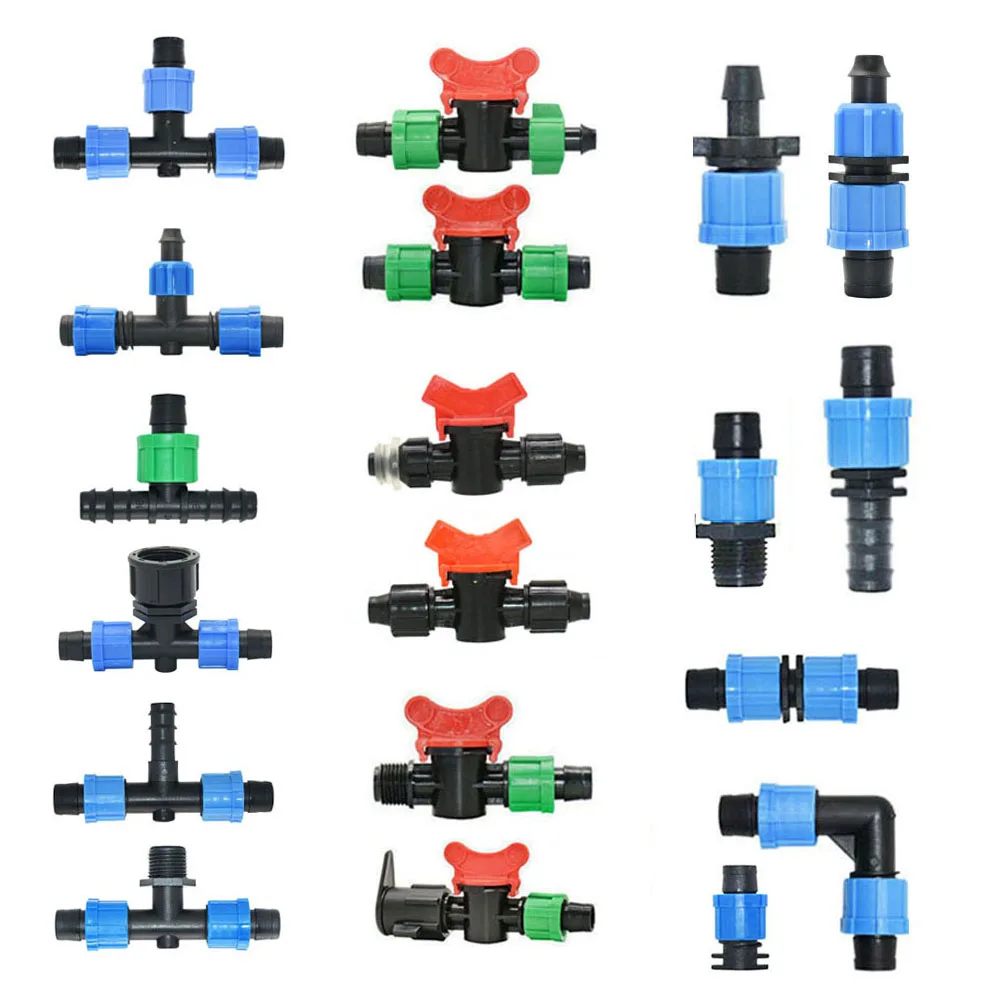 16mm Micro Irrigation Drip Tape Connectors Tee Repair Elbow End Plug Tap Fittings Locked Hose Joints Greenhouse Coupler 1Pc