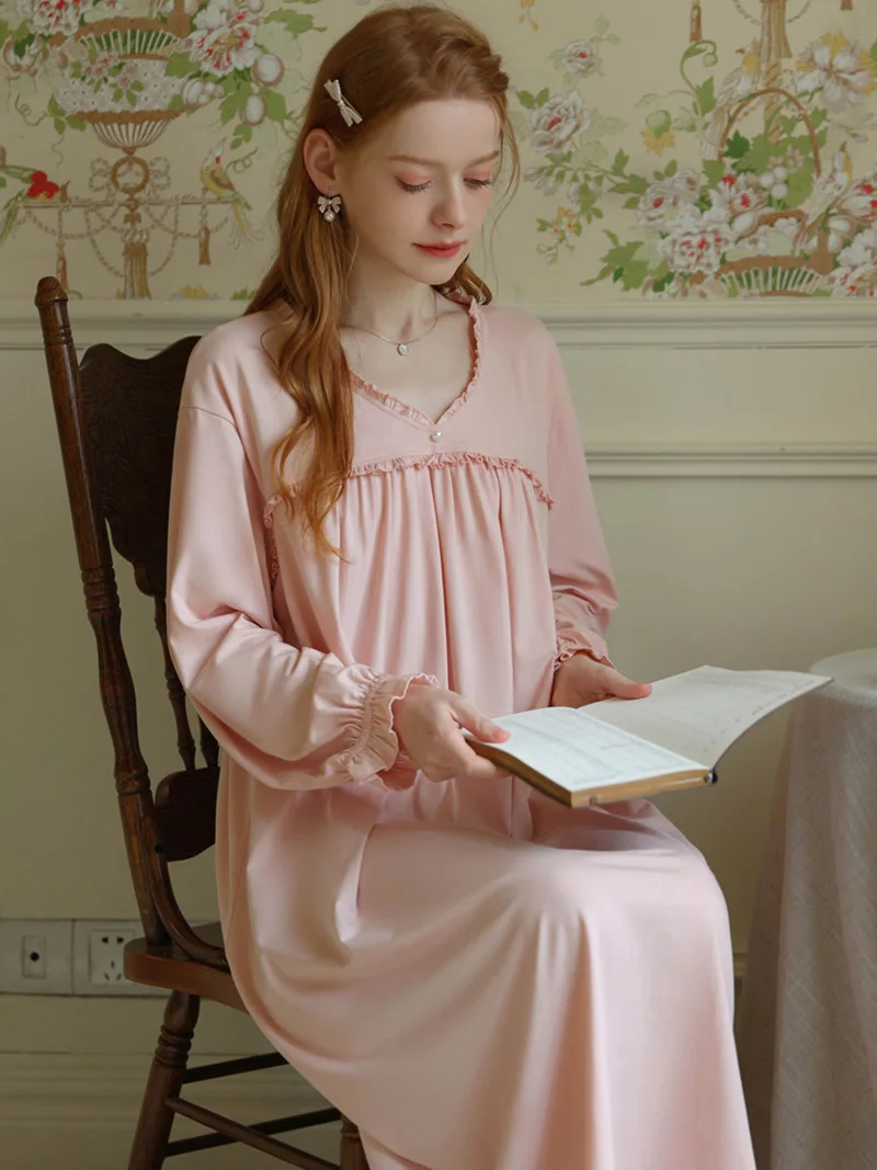 Women Spring Sleepwear Long Sleeve Cotton Victorian Sweet Pajamas Nightgowns V-Neck Ruffles Loose Princess Vintage Nightdress