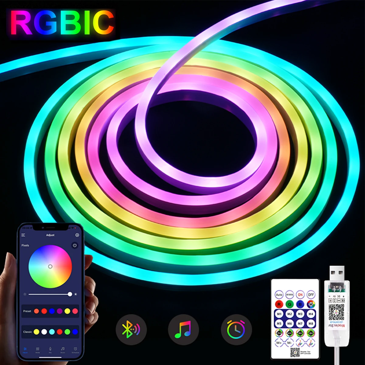 

RGBIC светодиодная лента 5В USB, 1м/2м/3м/5м, Bluetooth, водонепроницаемая