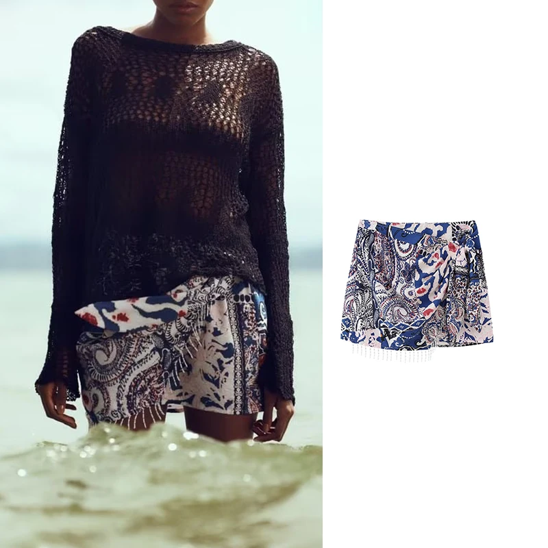 

Мини-юбка женская с завышенной талией, с принтом и кисточками