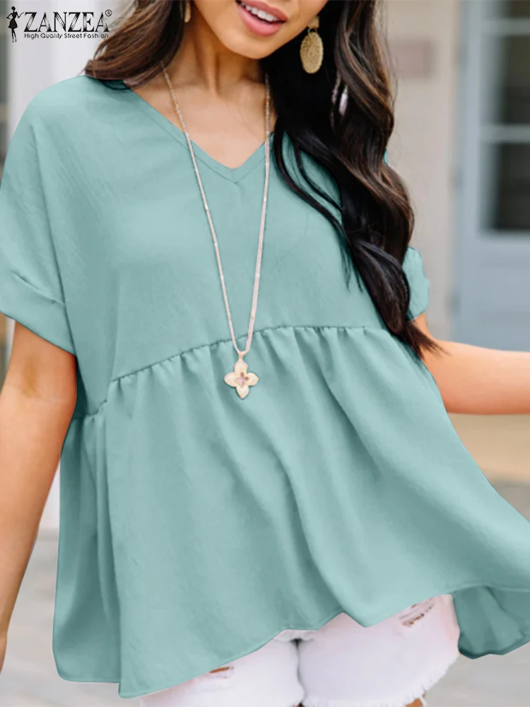 

Винтажные однотонные топы, женская летняя блузка ZANZEA 2022, Повседневная Туника с коротким рукавом и пэчворком, женские блузы с V-образным выре...