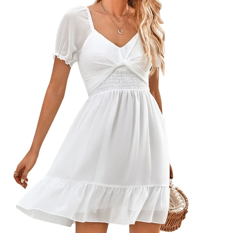 

Womens Shirred Ruffled Hem Chiffon Puff Short Sleeve Mini Dress Sexy V-Neck Tie Knot Bandage Solid Flowy A-Line Dresses