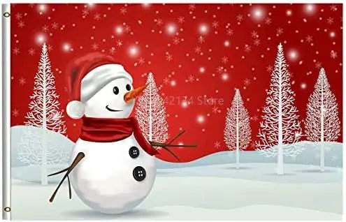 

Happy Winter Holiday Cute Snowman White Tree Snow Snowflake Garden Yard House Flags Banner