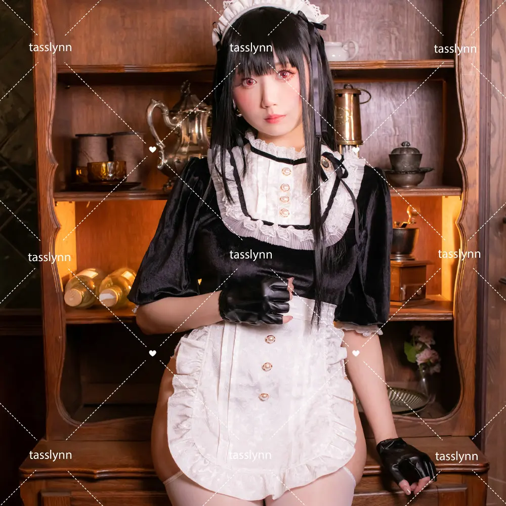 

Woman Dark Style High-Slit Velvet Maid Dress Set Lingeries Costume Outfit with Headdress for Geek Girls Dress