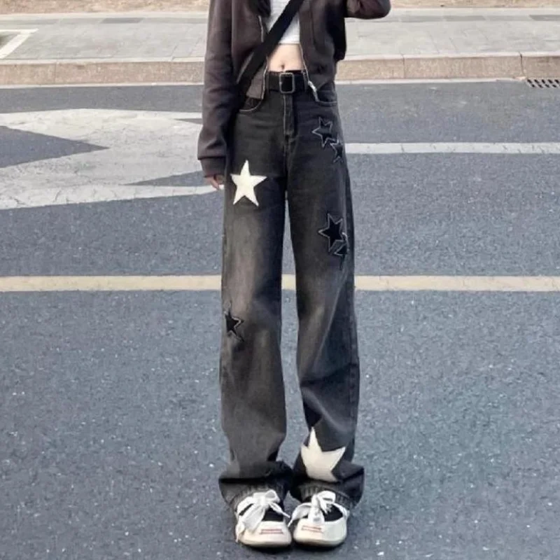 

Женские джинсы с вышивкой в виде звезд, с высокой талией и широкими штанинами
