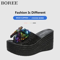 womens high heels slippers fashion sequins thick bottom casual shoes ladies bow summer wedges sandals beach platform flip flops