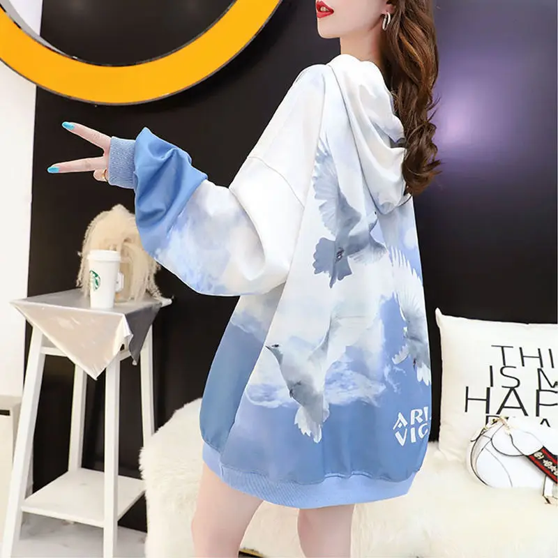 

MINGLIUSILI Bird Print Blue Hoodie for Women Loose Casual Fashion Korean Version 2022 Autumn New All-match Oversized Hoodie