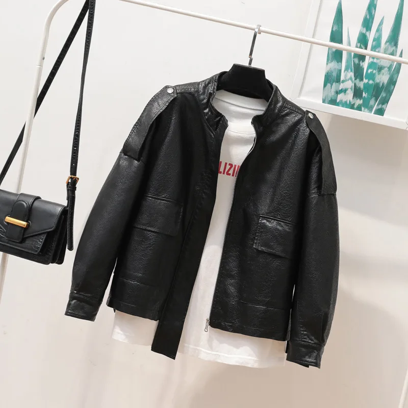 2023 autumn new loose version of women's short leather jacket stand-up collar short coat