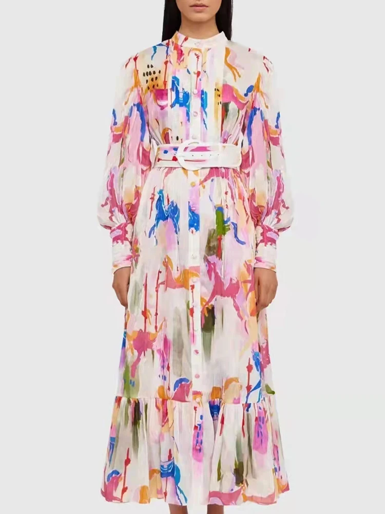 

Fashion Runway 2022 Spring Summer Long Dress Women Flowers Printed Single Breasted Elegant Belt High Street Party Dresses
