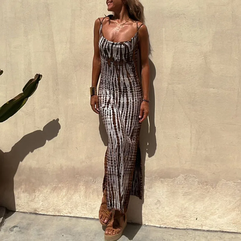 

Vintage Fashion Striped Print Boho Long Dress Women Sexy Slash Neck Split Party Dress Spring Summer Backless Bandage Maxi Dress