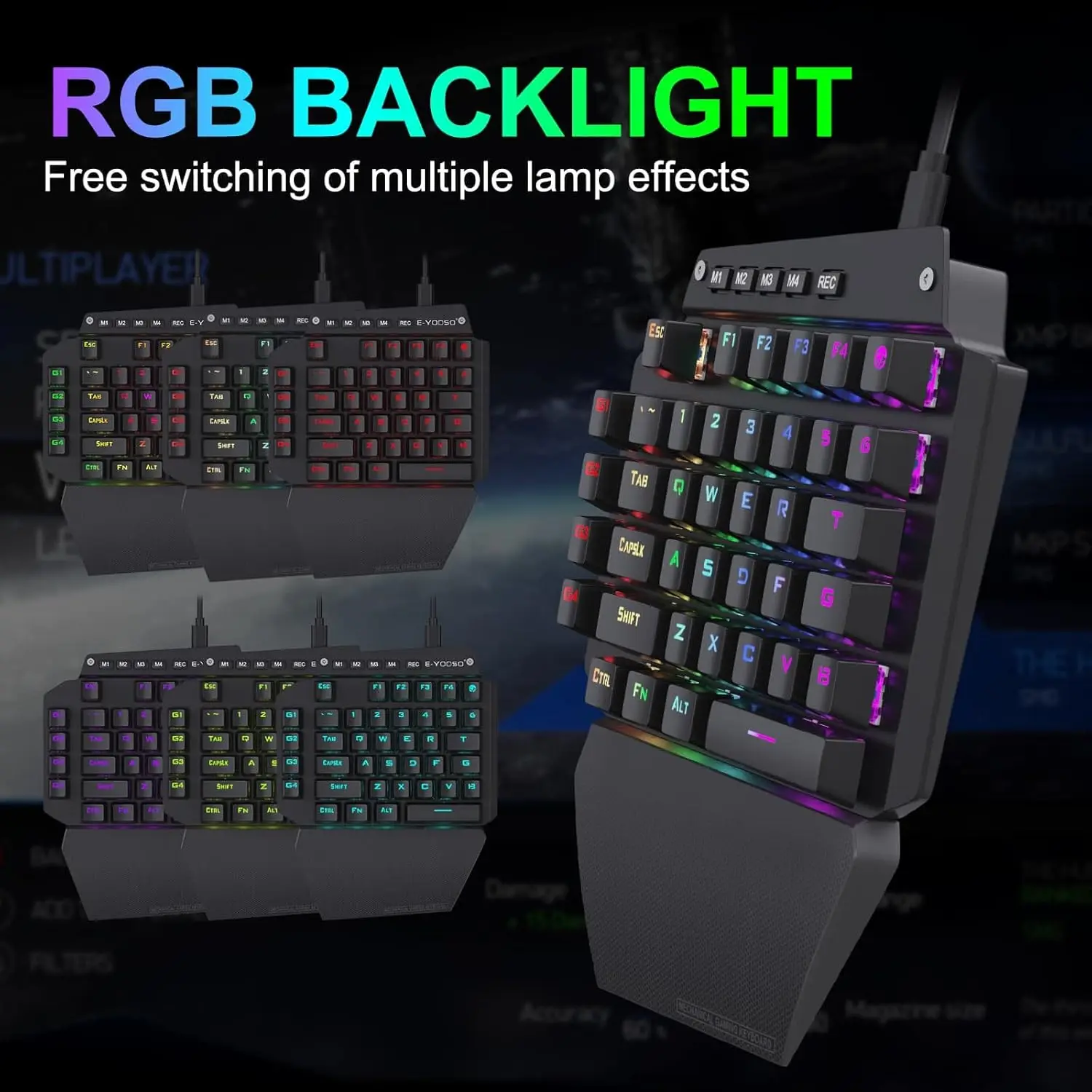 Фото HUO JI Механическая игровая клавиатура для одной руки, проводная, RGB светодиодная подсветка, съемная подставка для запястий, съемный кабель типа C, металлическая панель, №3
