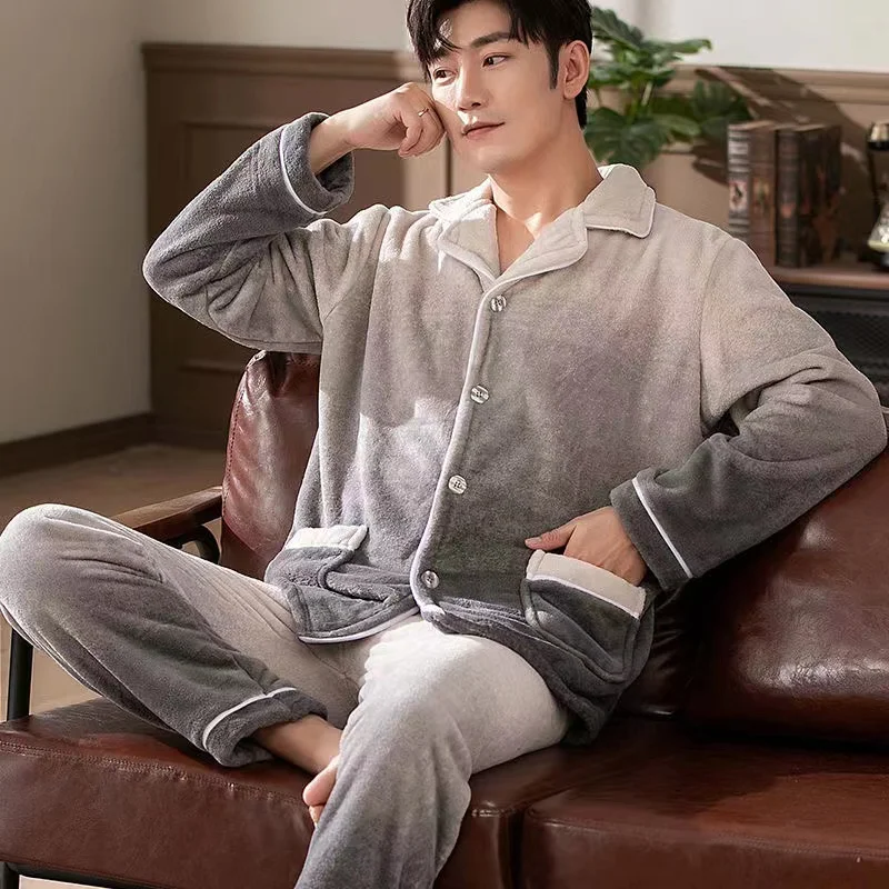 Winter Thick Warm Pajamas Sets Men Turn-Down Collar Flannel 2 Piece /Set Coral Velvet Pyjamas Suits Long Sleeve Trousers Lou