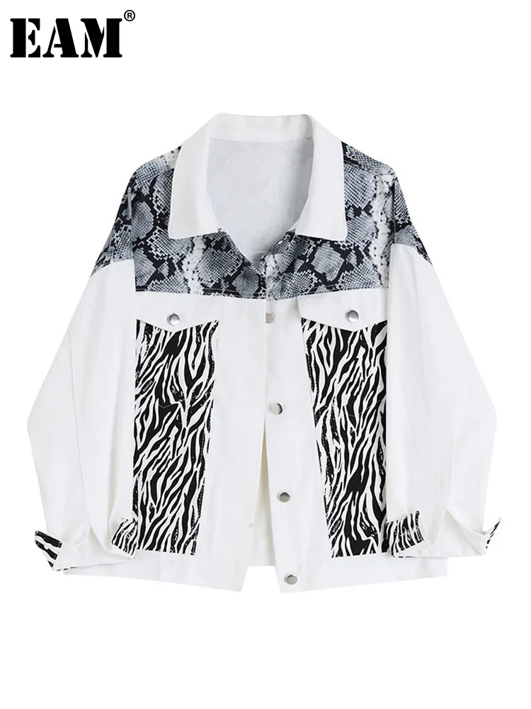 

[EAM] Loose Fit White Zabra Pattern Big Size Jacket New Lapel Long Sleeve Women Coat Fashion Tide Spring Autumn 2022 1DE7172