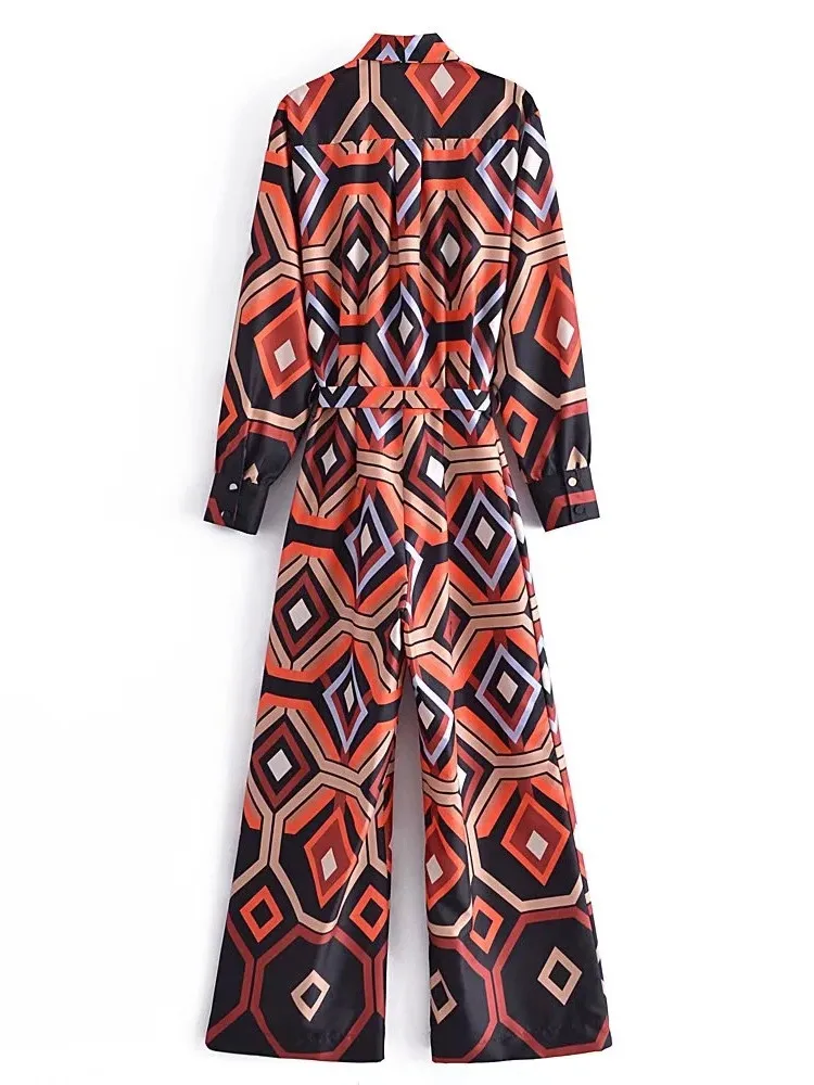 Женский Длинный комбинезон с принтом длинным рукавом и поясом |