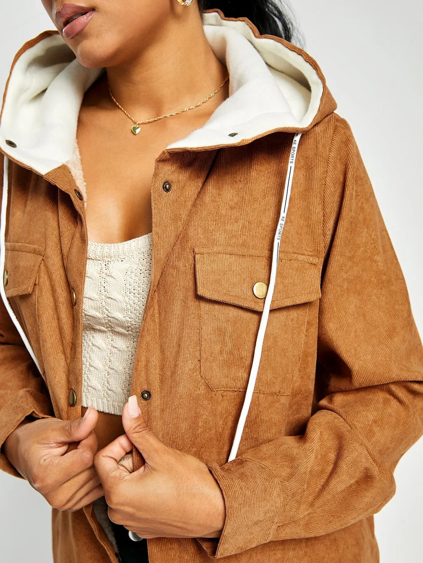 ZAFUL женская вельветовая куртка с капюшоном на флисовой подкладке однотонное