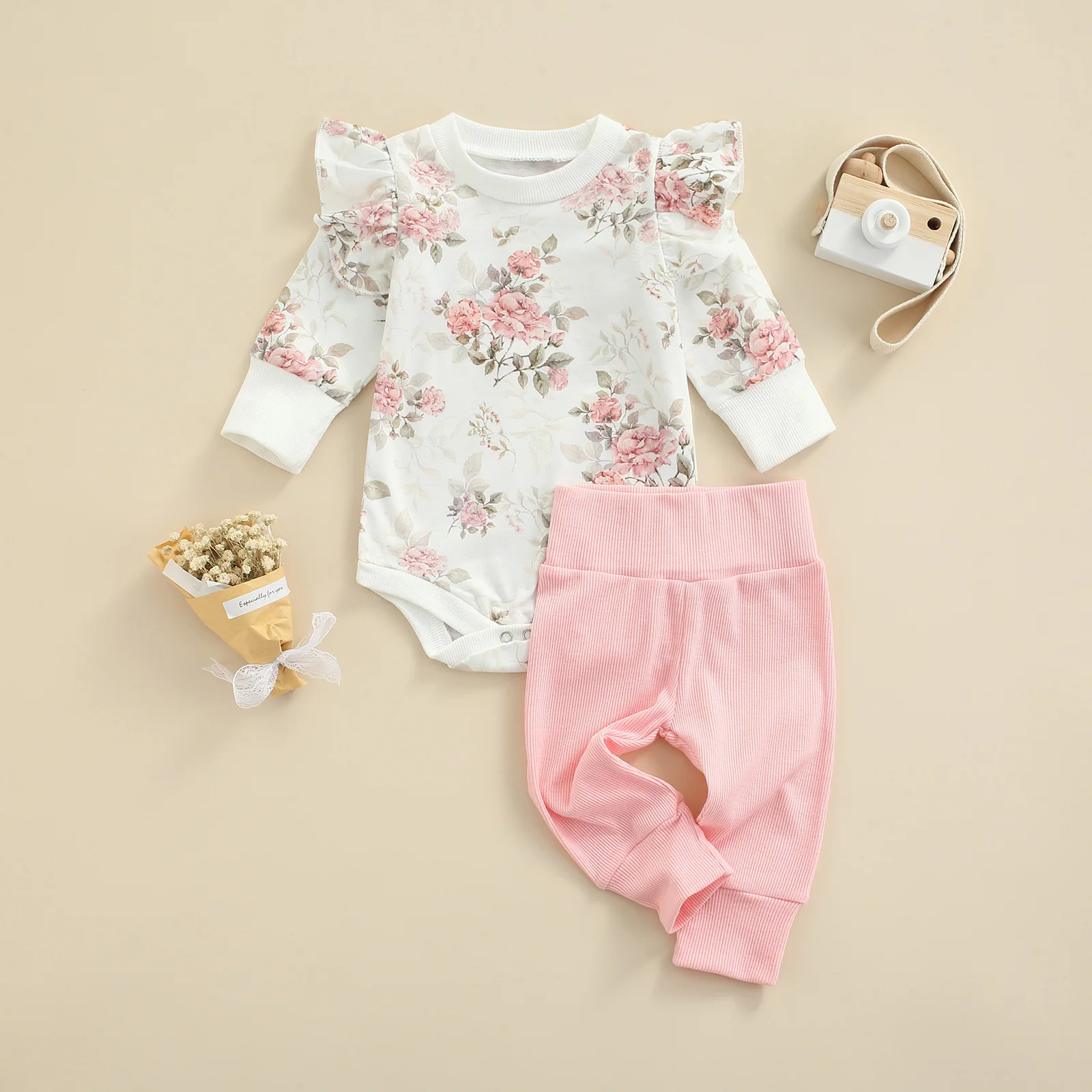 

2 Pieces Baby Suit Set Flower Print Round Neck Long Sleeve Romper+ Solid Color Trousers for Girls 0-18 Months