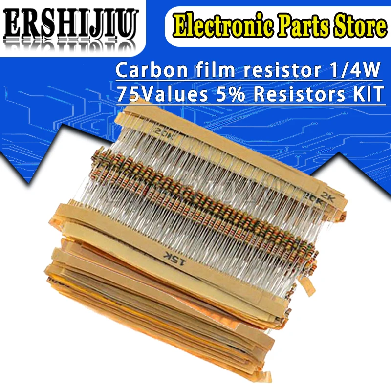 

1500PCS 1/4W Carbon Film Resistors Assorted Kit 75Values (1 Ohm~ 10M Ohm) Tolerance Resistor Pack Resistance 5%