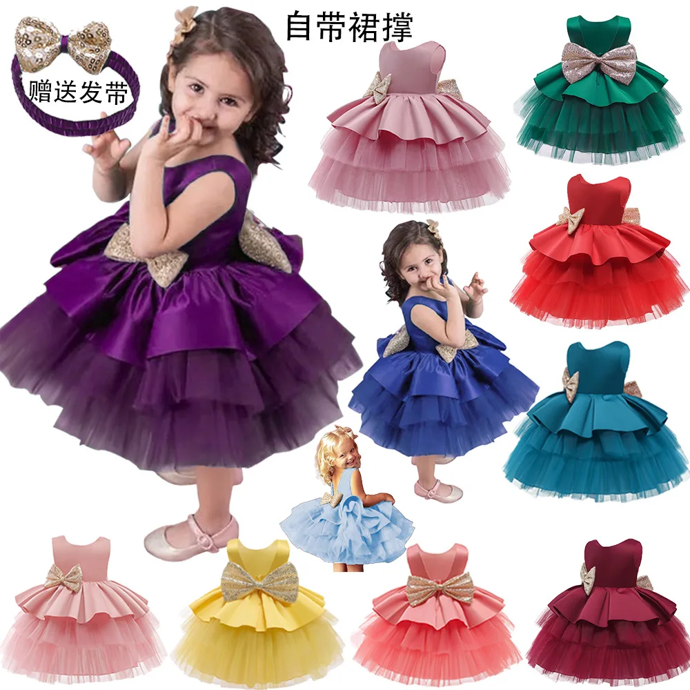 

1-7 Years Girl Dresses for Party Sleeveless Blush Pink Dress Baby 1 Year Birthday Children Pageant Ball Gowns Bow Offer Headband