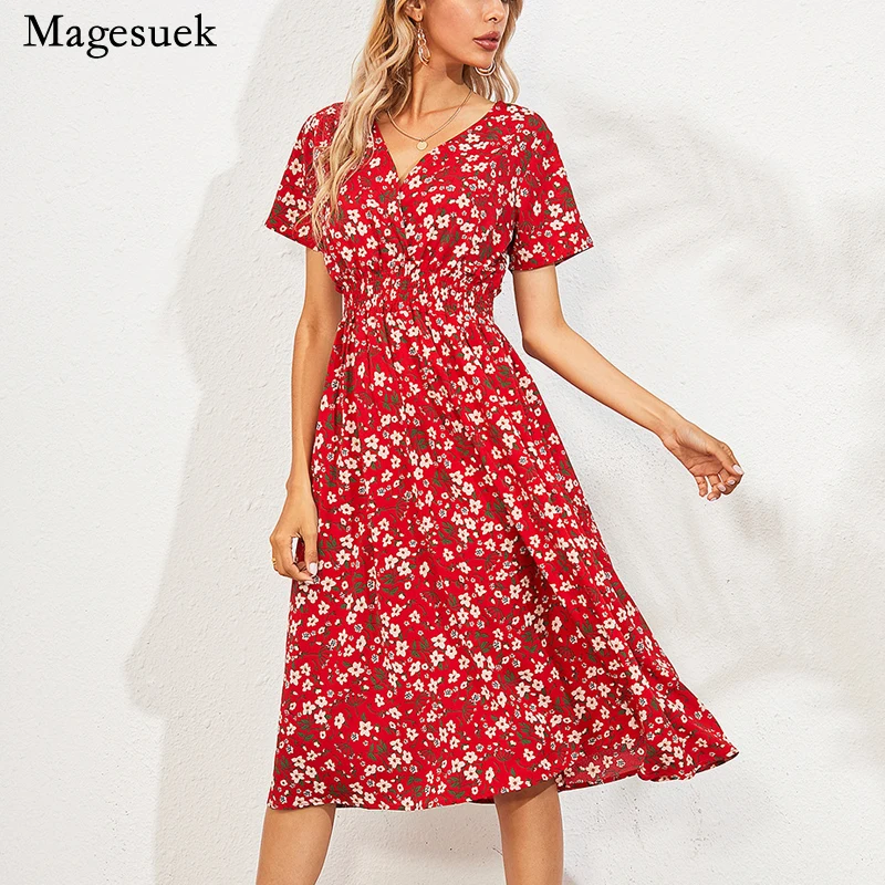 

Женское платье с коротким рукавом, розовое повседневное офисное платье с цветочным принтом и V-образным вырезом, модель 2022 в богемном стиле ...