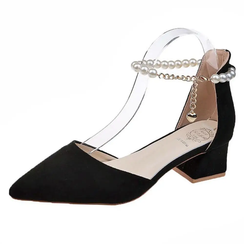 

Female Sandal Med Velvet Shoes 2022 Women's Buckle Strap Girls Medium Suede Pearl Fashion New Summer Beige Comfort Pointed Rubbe