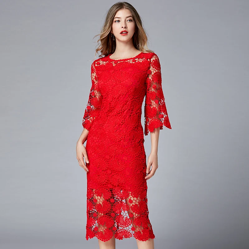 ladies fashion women's clothing European and American sexy mid-length crocheted hollow lace dress festive dress