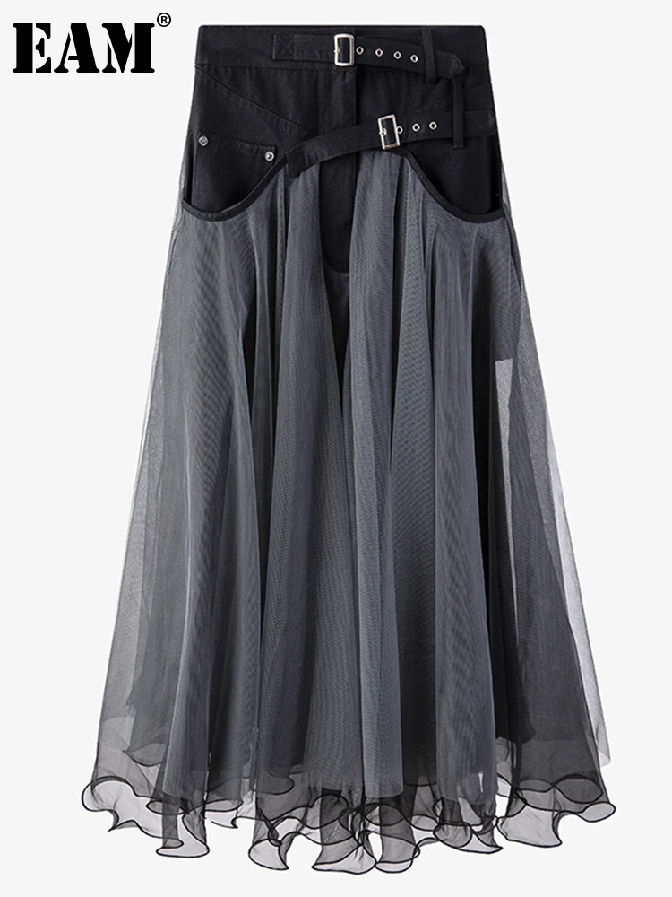 

[EAM] Gray Mesh Long Denim Buckle Ball Gown High Waist Half-body Skirt Women Fashion Tide New Spring Autumn 2022 1DD6945