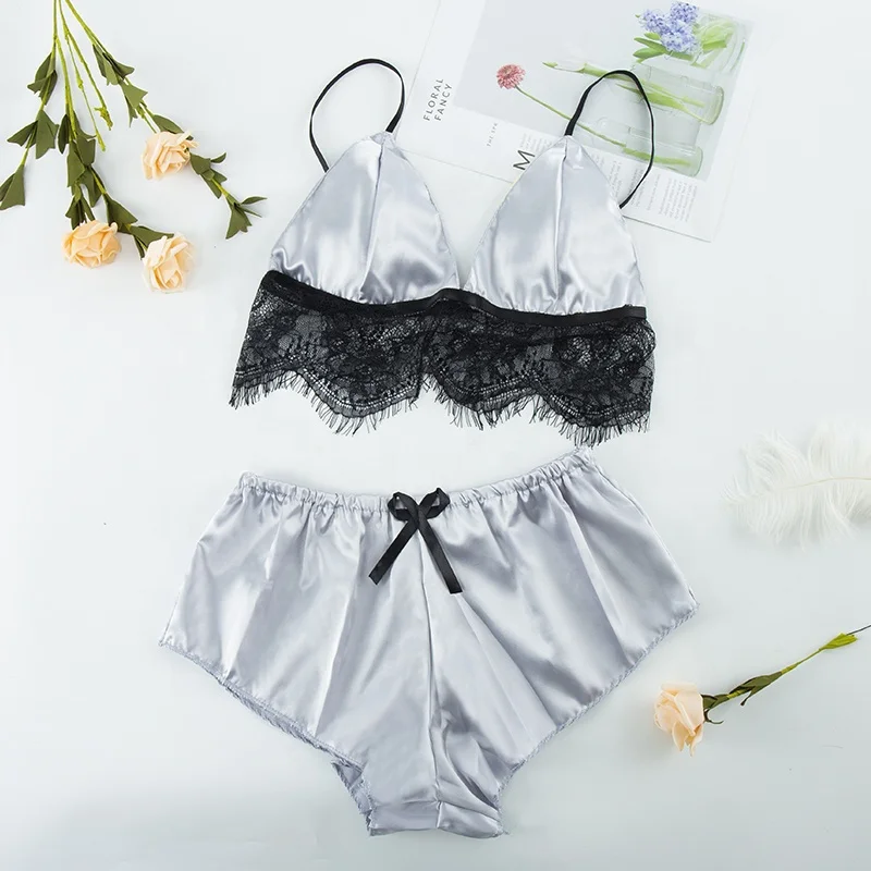 

2PCS Women Sexy Lingerie Sets Sensual Silk Satin Pajamas Temptation Erotic Underwear Suit Female Sleeveless Nightwear