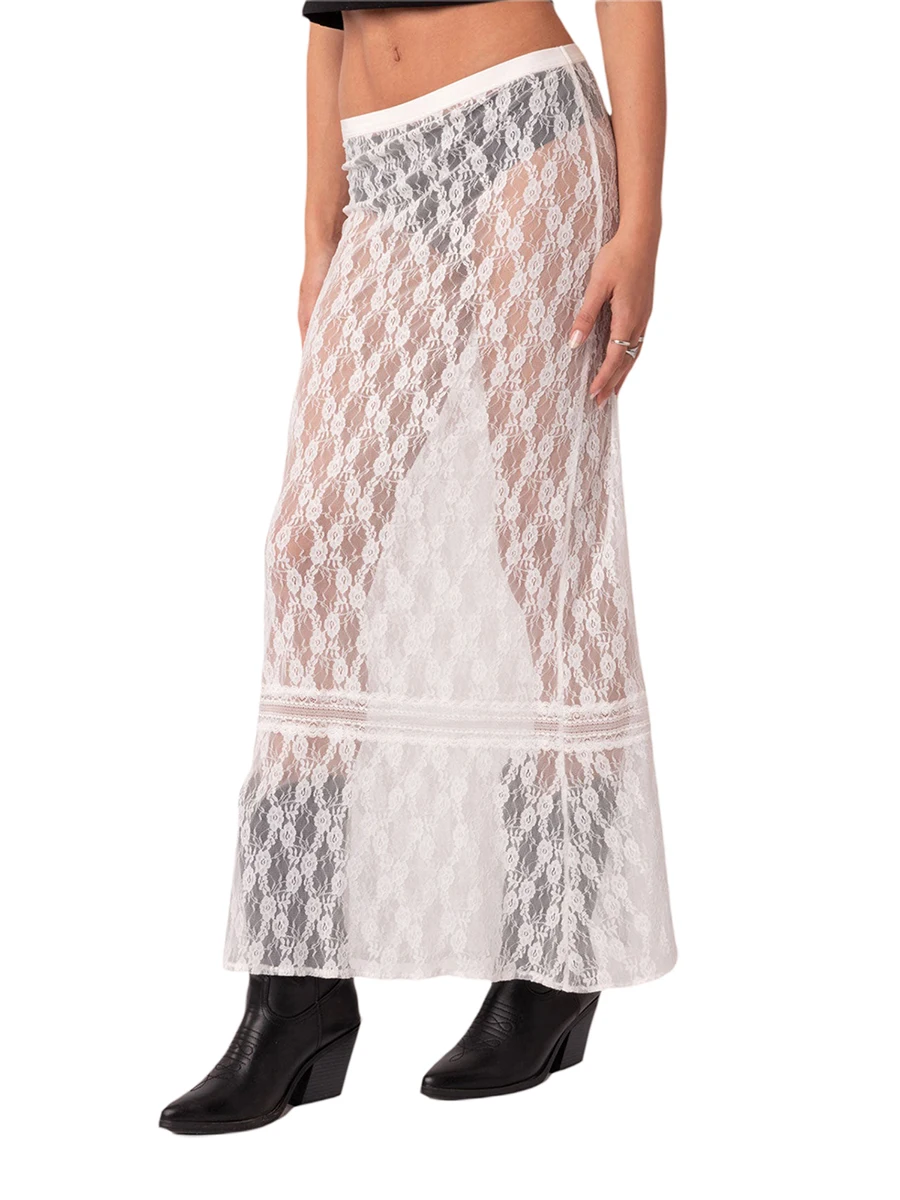 

Women s Y2K Lace Floral Maxi Dress White See Through Fitted Party Half Gown Summer Beach Vacation Streetwear