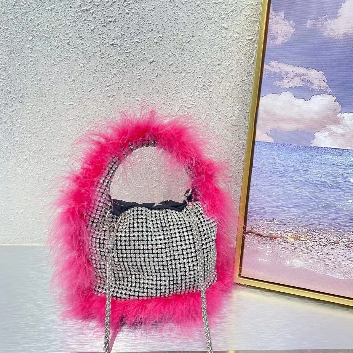 

Rhinestone Evening Clutch Ladies Fluffy Feather Cloud Bag Diamond Women Designer Handbags Chains Bucket Shoulder Crossbody Bags