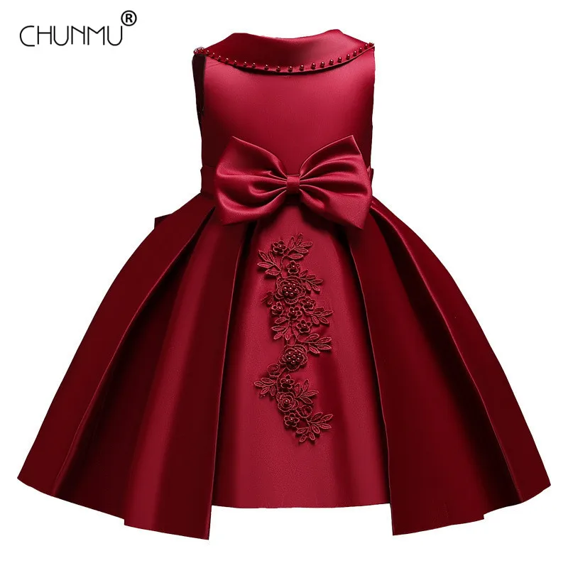 

Flower Kids Girl Dress Elegant Satin Beads Bowknot Children Party Evening Dress for Girl Princess Performance Costume