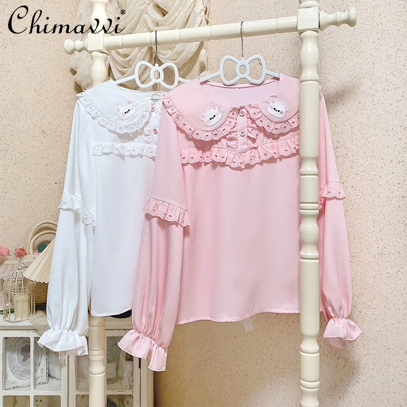 Японская хлопковая рубашка с вышивкой медведя для девочек кукольный воротник