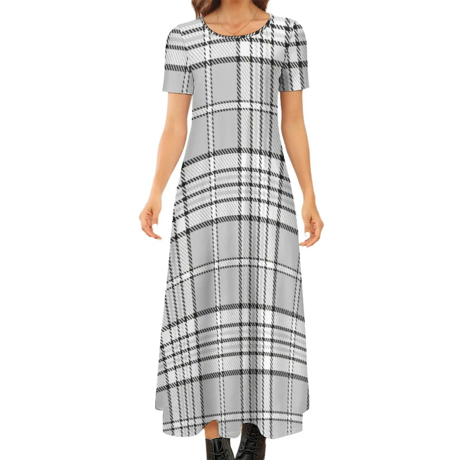 

Flannel Plaid Vintage Dress Trendy Grey Vintage Maxi Dress Short Sleeve Street Bohemia Long Dresses Summer Big Size Clothes