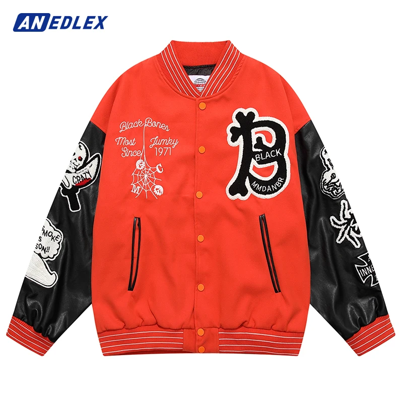 

Men Streetwear Harajuku Embroidery Spider Web Skull Letter Graphic Baseball Jacket Retro Jacket Coat HipHop Loose Bomber Jacket