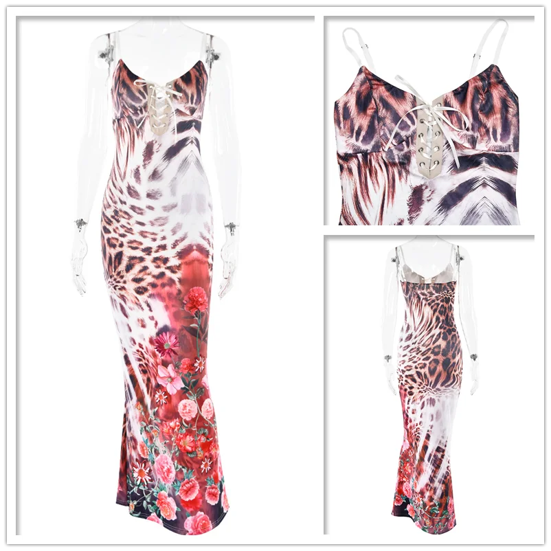 LangMao Print Elegant Maxi Long Dress Women Spaghetti Strap 2024 Summer Slim Bodycon Backless Party Dresses --------