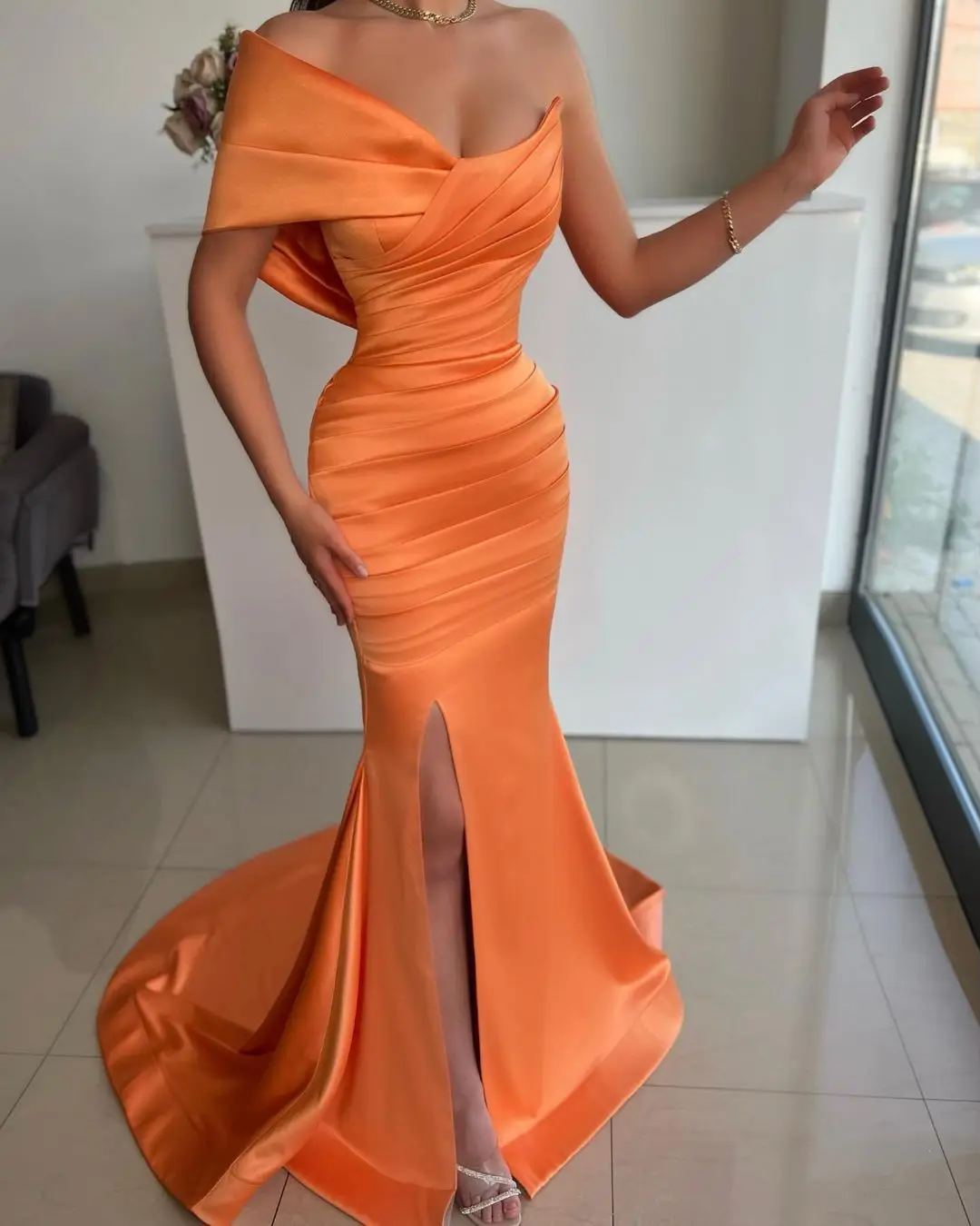 

Sapmae One-shoulder Sheath Vent Court Train Orange Prom Evenning Cocktail Formal For Women Elegant In Summer Zipper Up